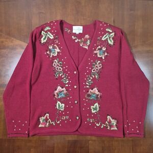 Vintage Susan Bristol Wool Cardigan Holiday Sweater Embroidered Women's Medium